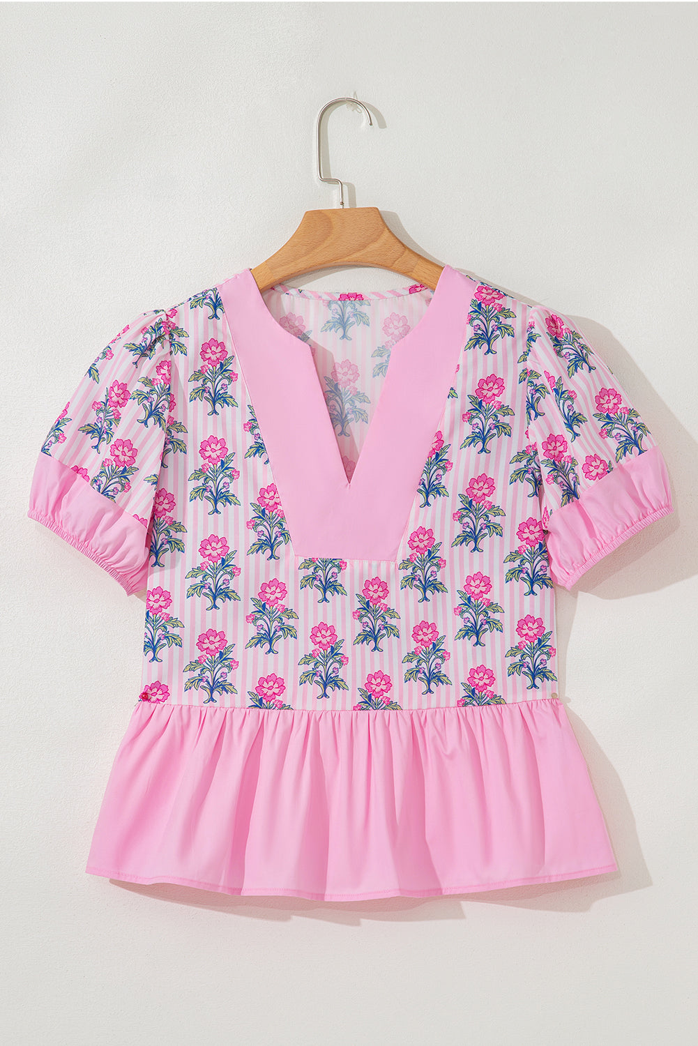 Rose Floral Striped Print Contrast Patchwork Ruffle Hem Blouse