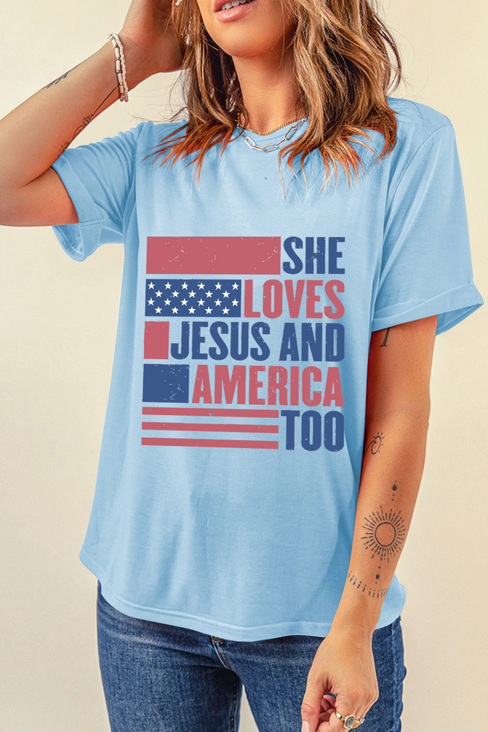 Light Blue SHE LOVES JESUS AND AMERICA TOO Flag Graphic T Shirt