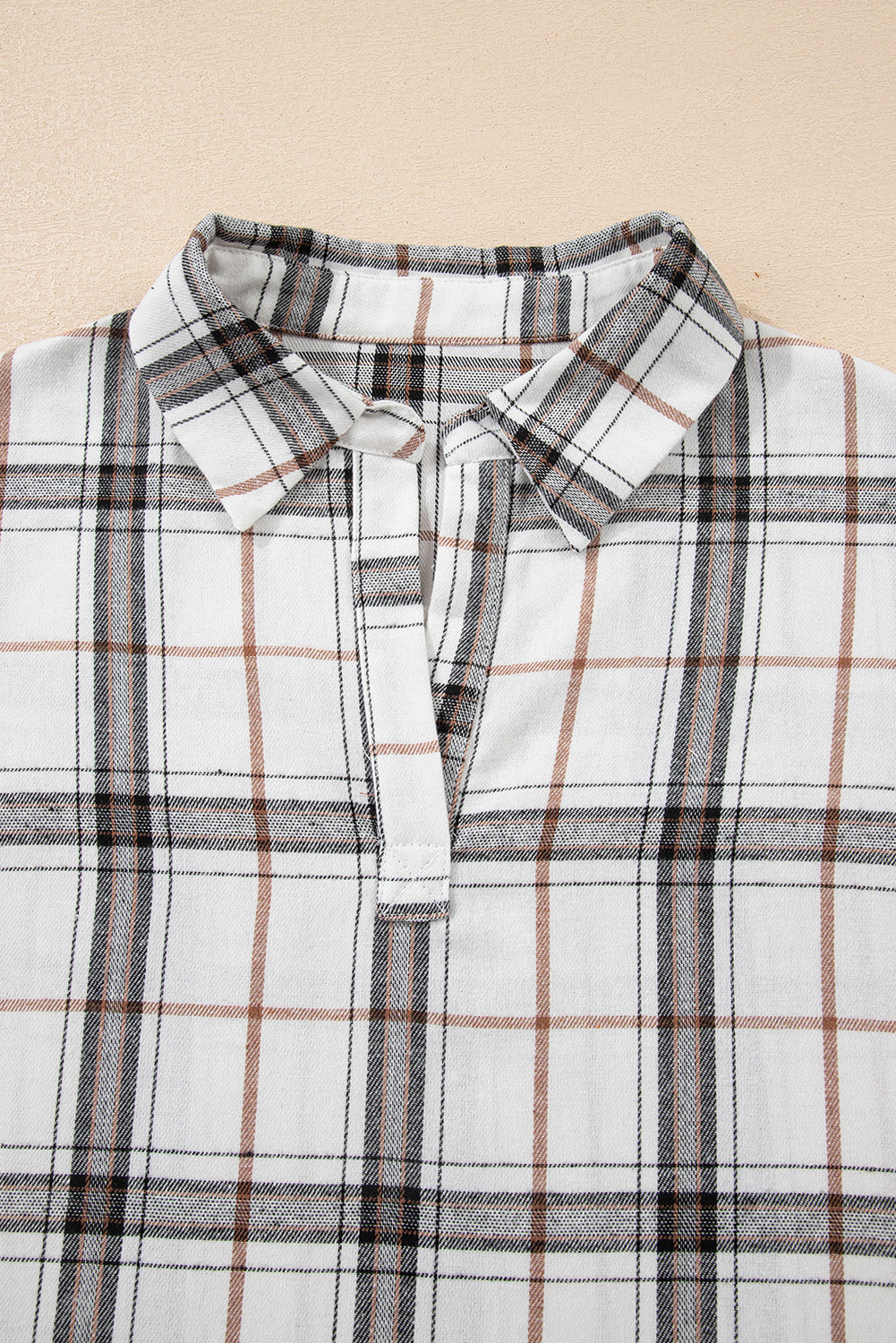 White Plaid Print Collared V Neck Loose Blouse with Side Slits