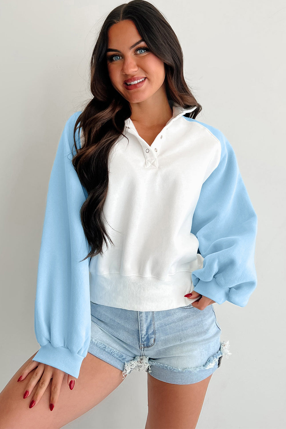 Beau Blue Colorblock Snap Buttons Pullover Sweatshirt