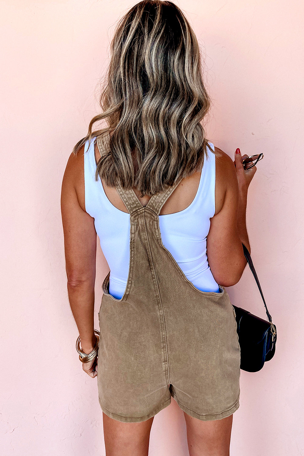 Light French Beige Solid Color Knot Straps Denim Romper with Pockets