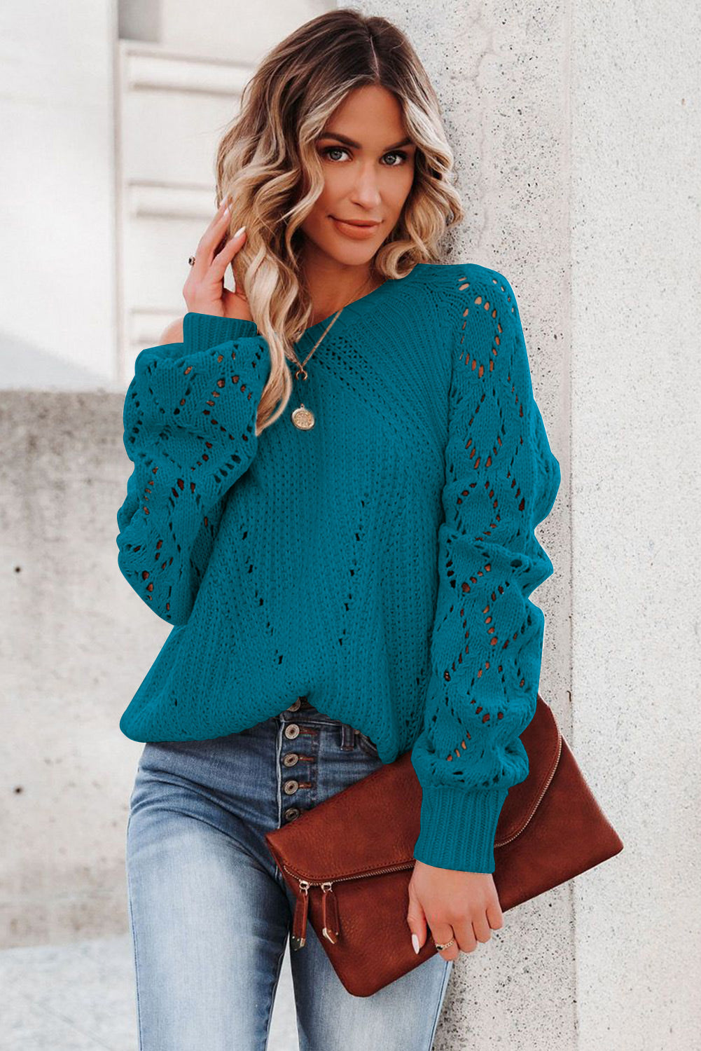 Blue Hollow-out Puffy Sleeve Knit Sweater
