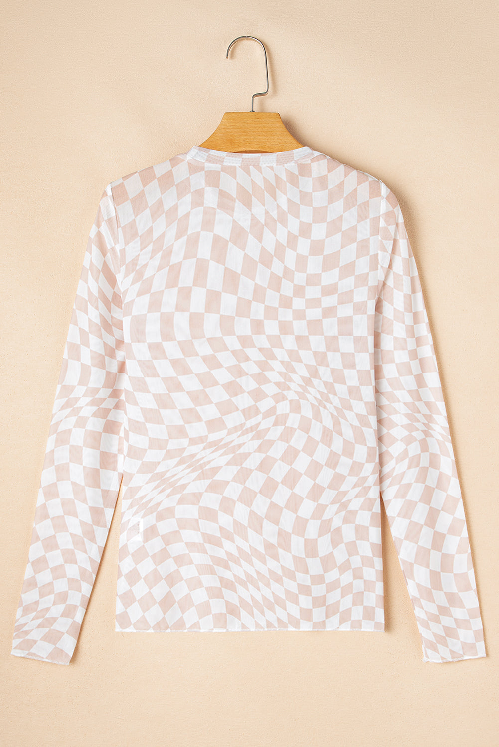 Rose Checkered Pattern Mesh Mock Neck Long Sleeve Top