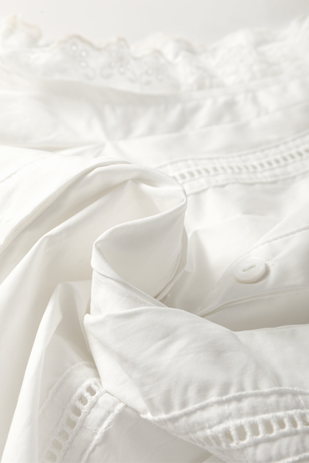 White Solid Color Lace Crochet Eyelets Sleeveless Buttoned Shirt