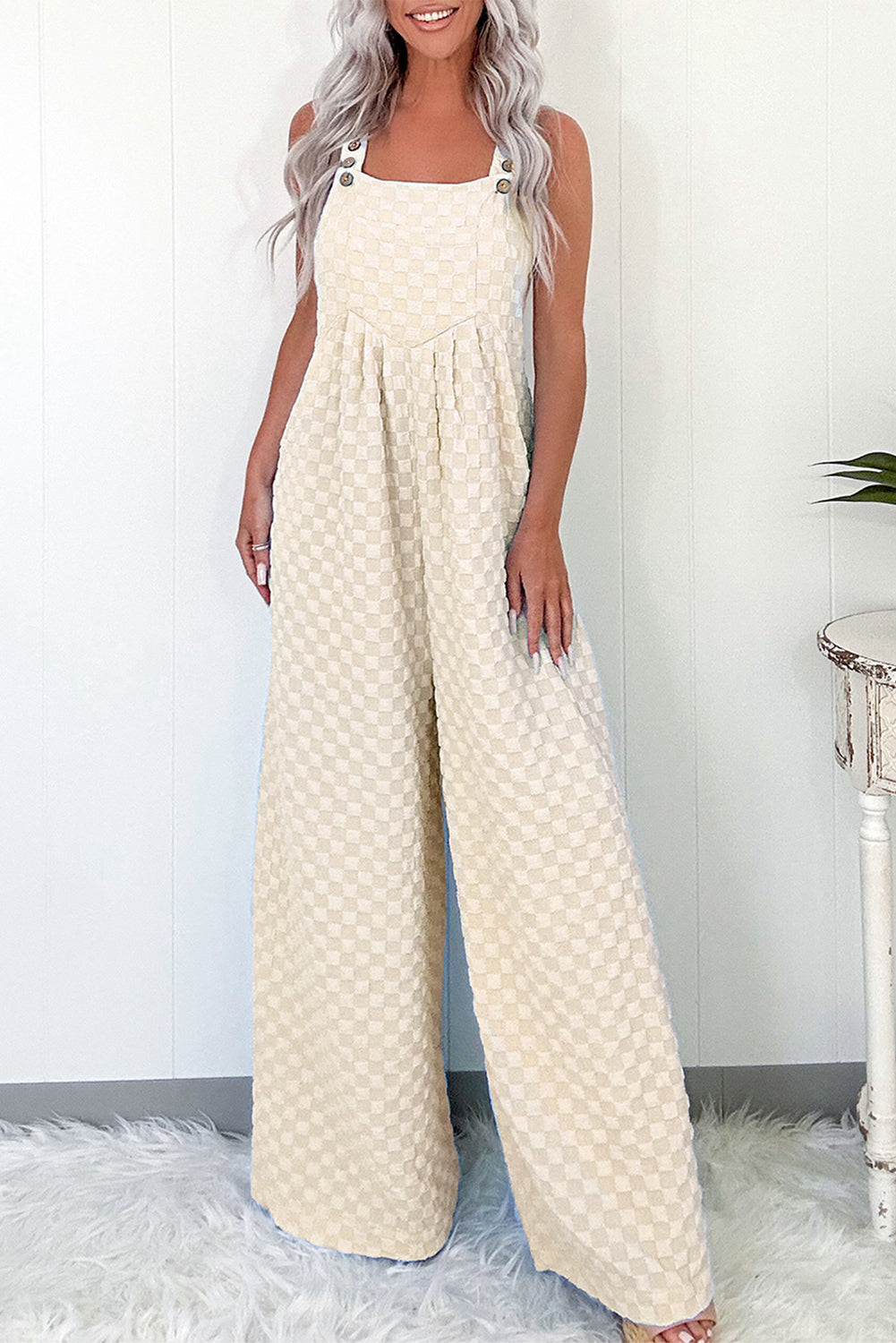 Beige Checkered Pocketed High Waist Wide Leg Overall