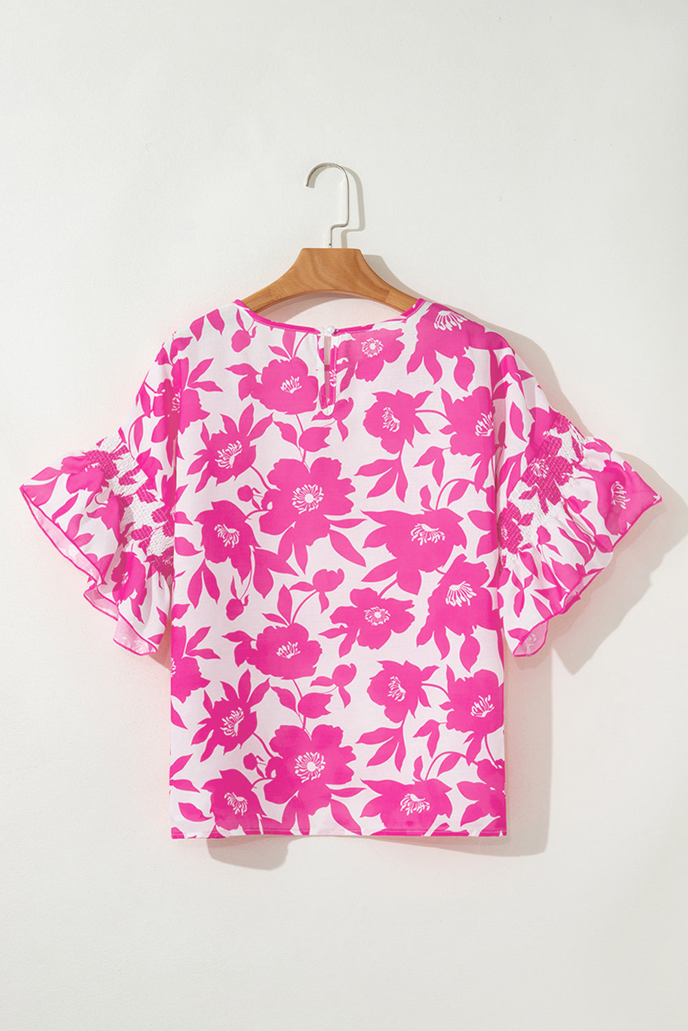 Pink Floral Printed Ruffled Short Sleeve Round Neck Loose Blouse