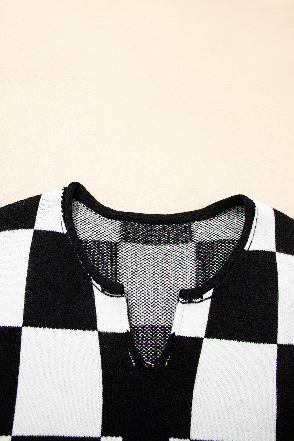 Black Checked Notched Neckline Drop Shoulder Knit Sweater