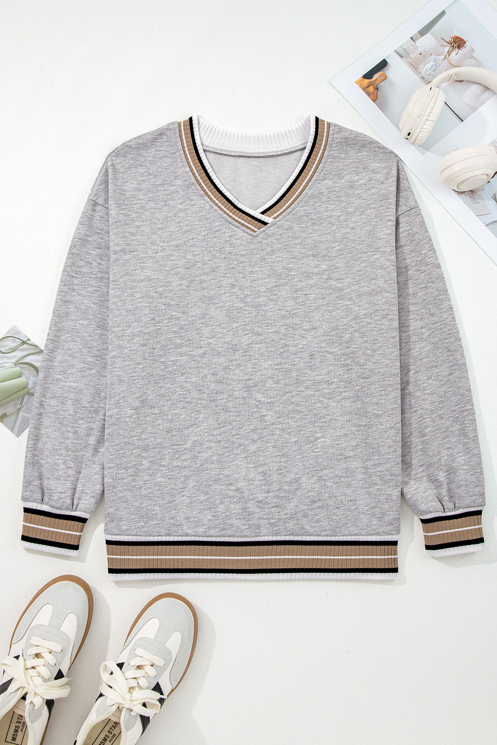 Gray Varsity Contrast Striped Trim V Neck Sweatshirt