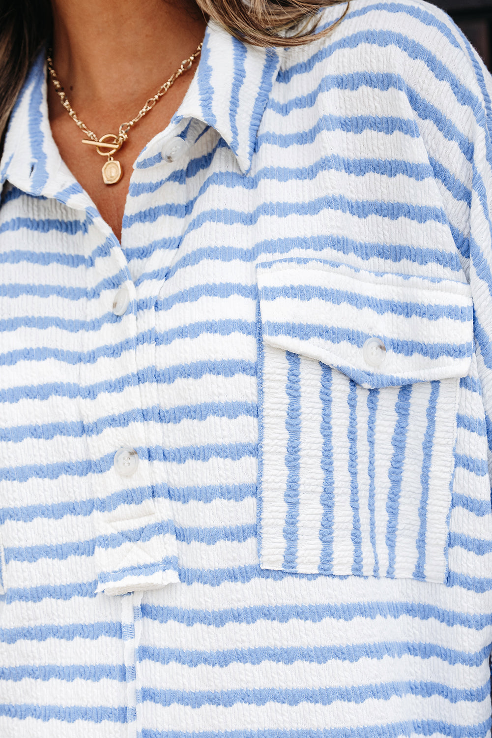 Sky Blue Stripe Half Button Collared Chest Pockets Loose Fit Blouse