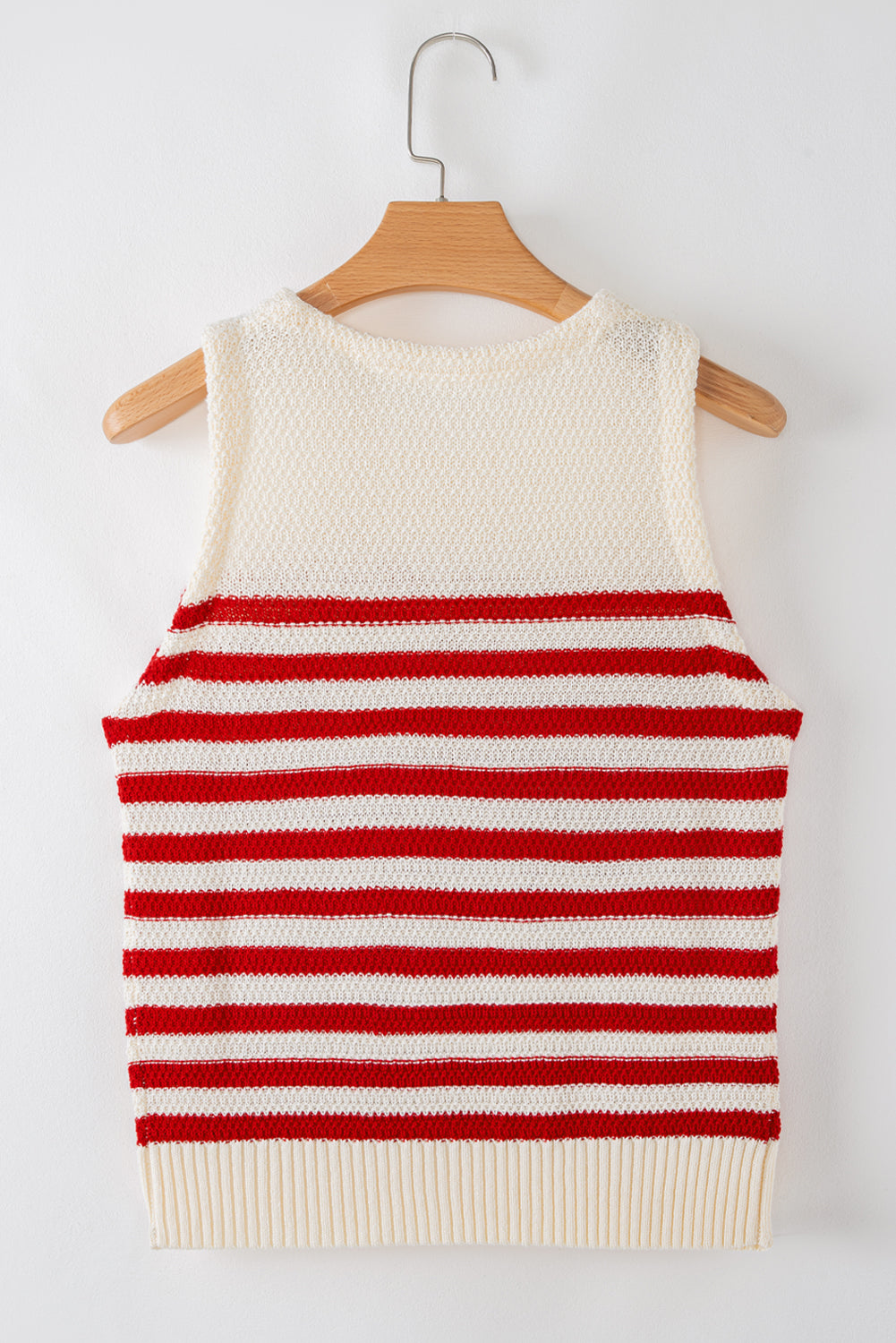 Red Stripe Textured Knit Ribbed Hem Sweater Tank Top