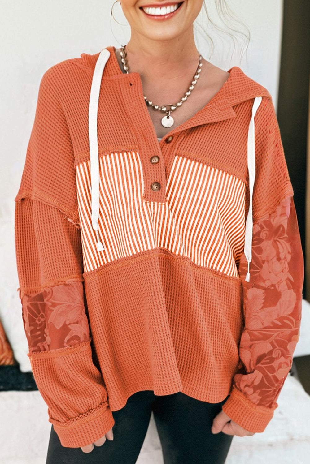 Cinnamon Waffle Printed Patchwork Drawstring Hooded Long Sleeve Top