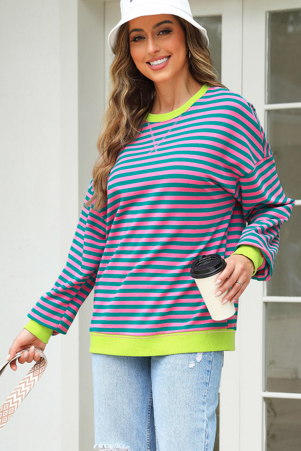 Rose Stripe Contrast Ribbed Trim Crossed Stitch Drop Shoulder Sweatshirt