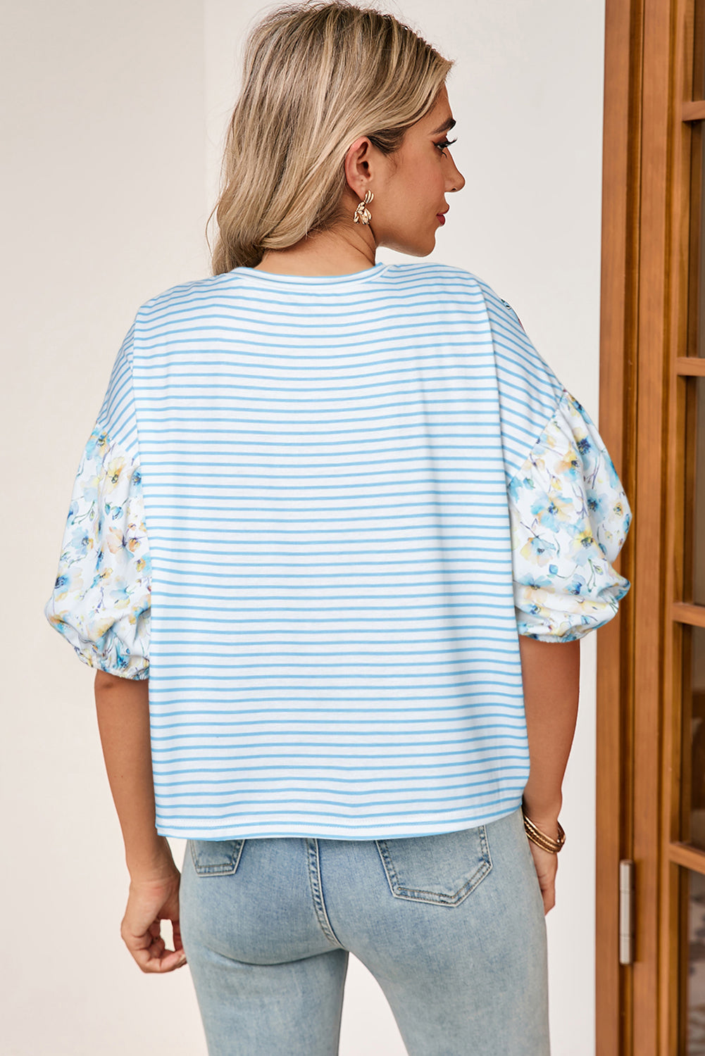 Sky Blue Stripe Floral Three Quarter Sleeves Patchwork Drop Shoulder Top