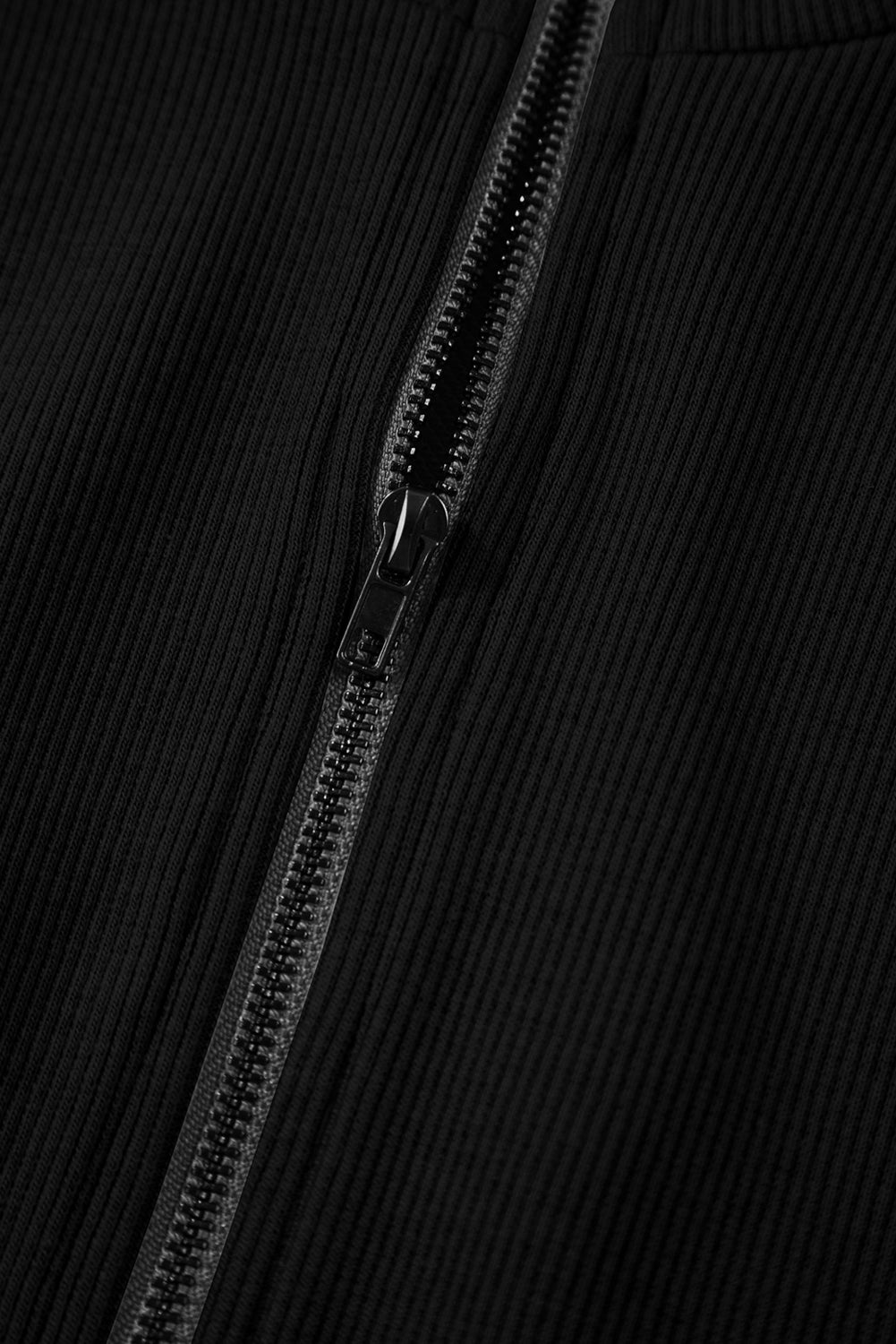 Black French Terry Zipped Collar Sleeveless Drawstring Waist Mini Dress