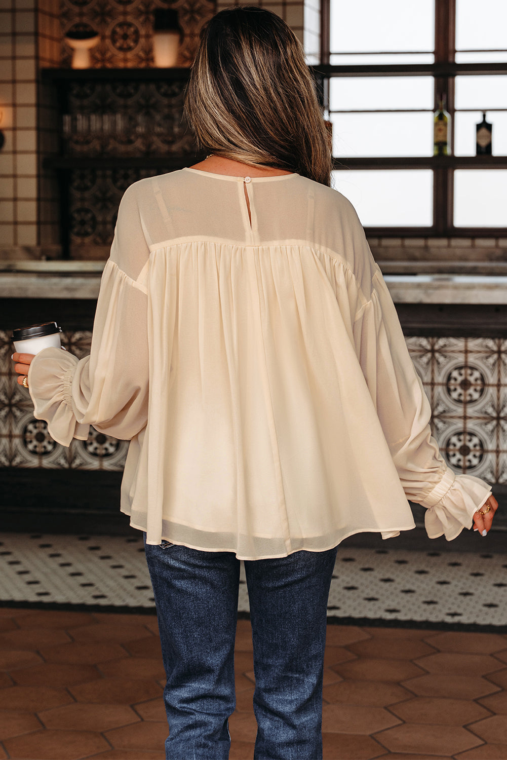 Parchment Pleated Ruffle Long Sleeve Chiffon Blouse