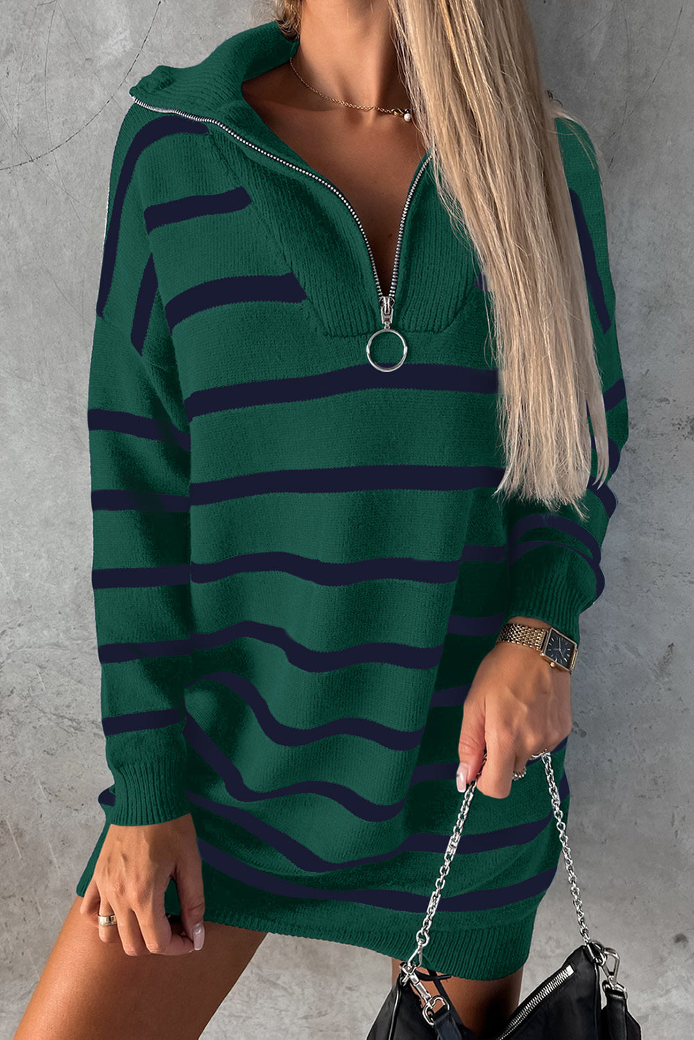 Green Striped O-ring Zip Collared Loose Sweater Mini Dress