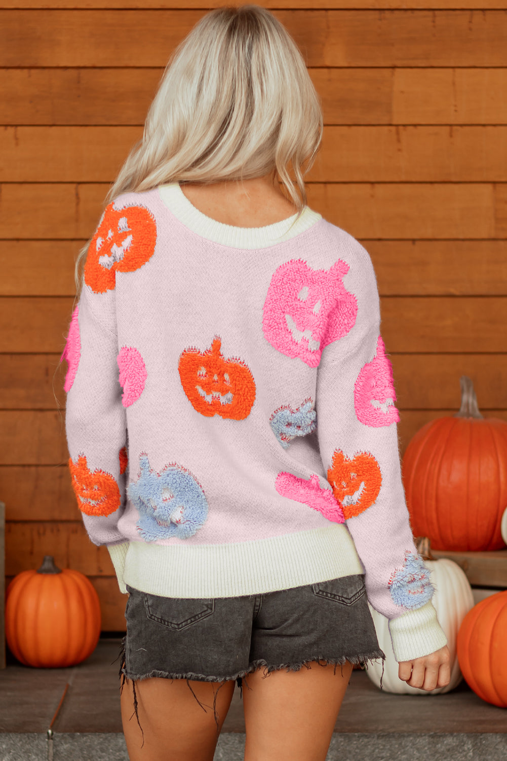 Beige Halloween Cute Pumpkin Pattern Sweater