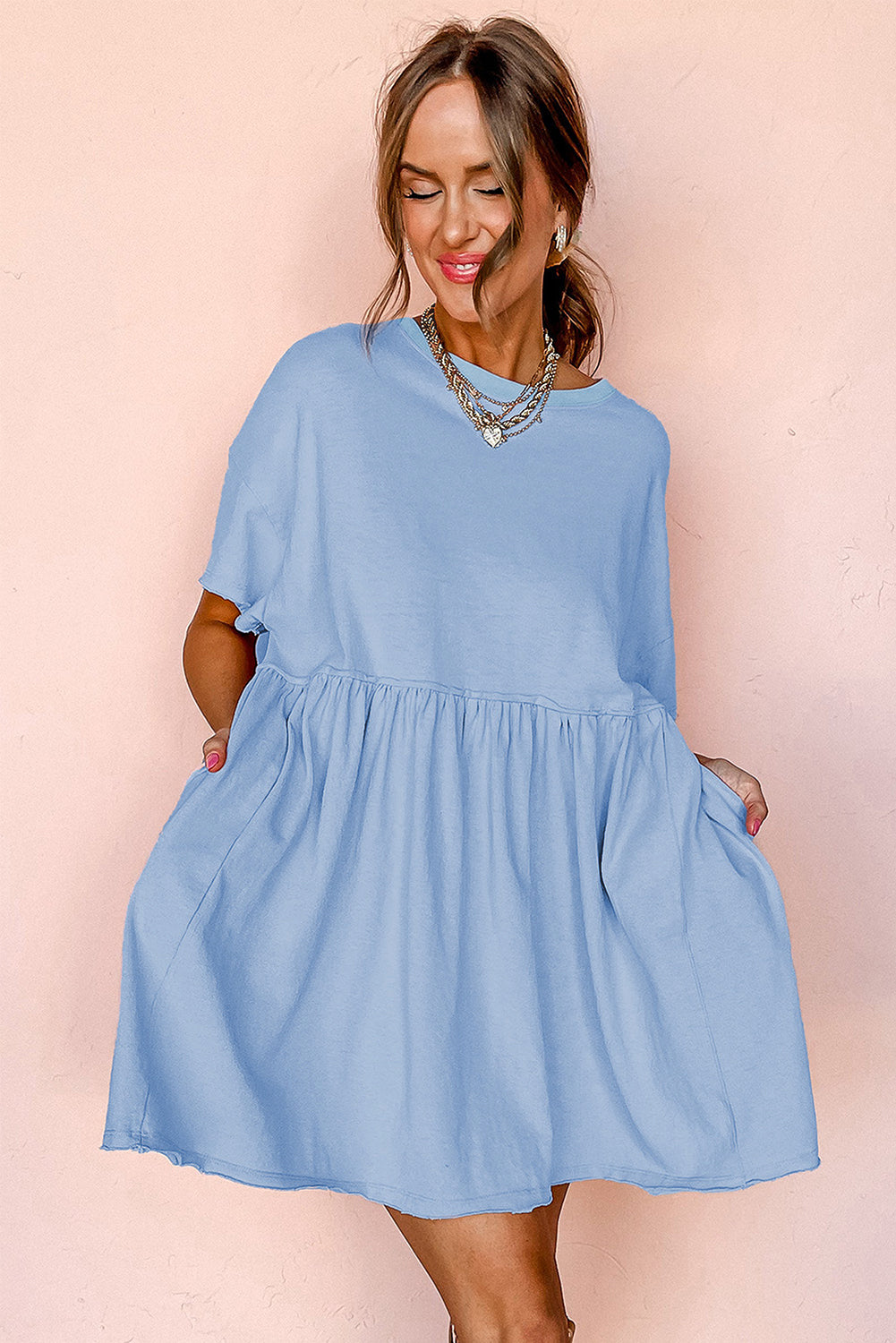 Sky Blue Solid Color Pocketed Raw Edge Babydoll Dress