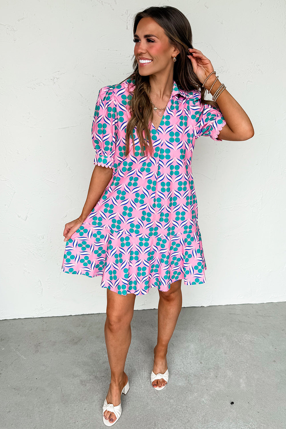 Pink Geometric Floral Print V Neck Ricrac Trim Short Sleeve Mini Dress
