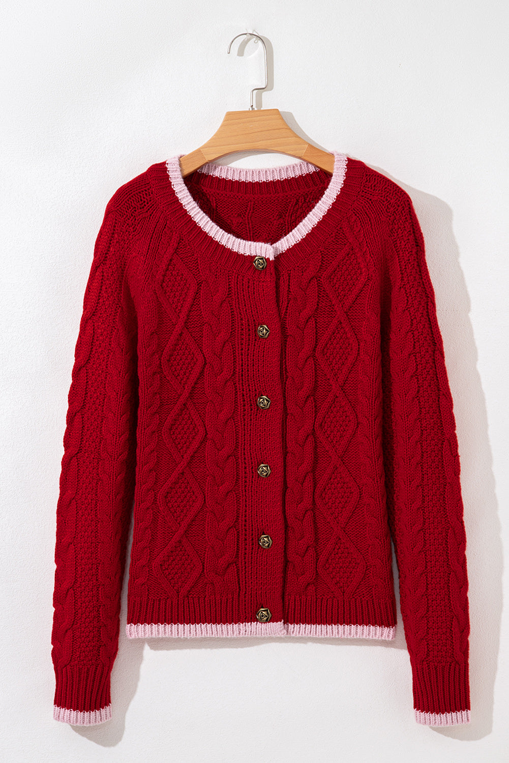 Racing Red Color Contrast Edge Cable Knit Buttoned Cardigan