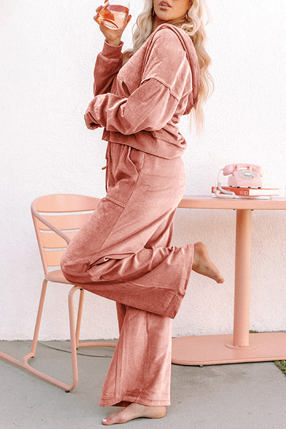 Peach Blossom Velvet Zip-up Hoodie and Wide Leg Pants Set