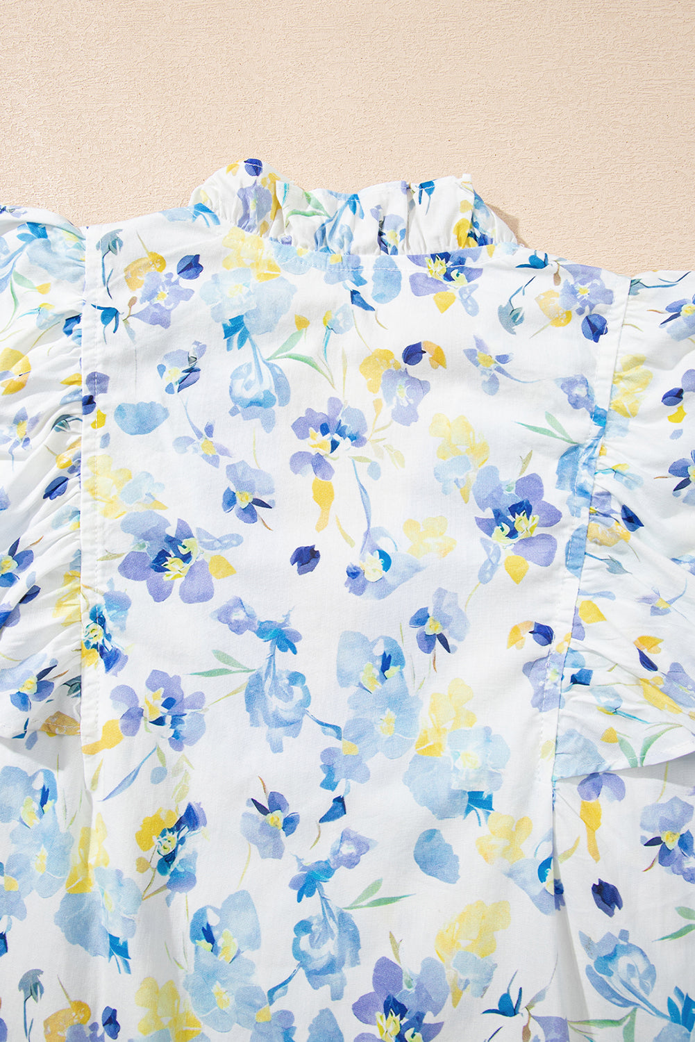 Sky Blue Floral Print Frilled Notched V Neck Blouse