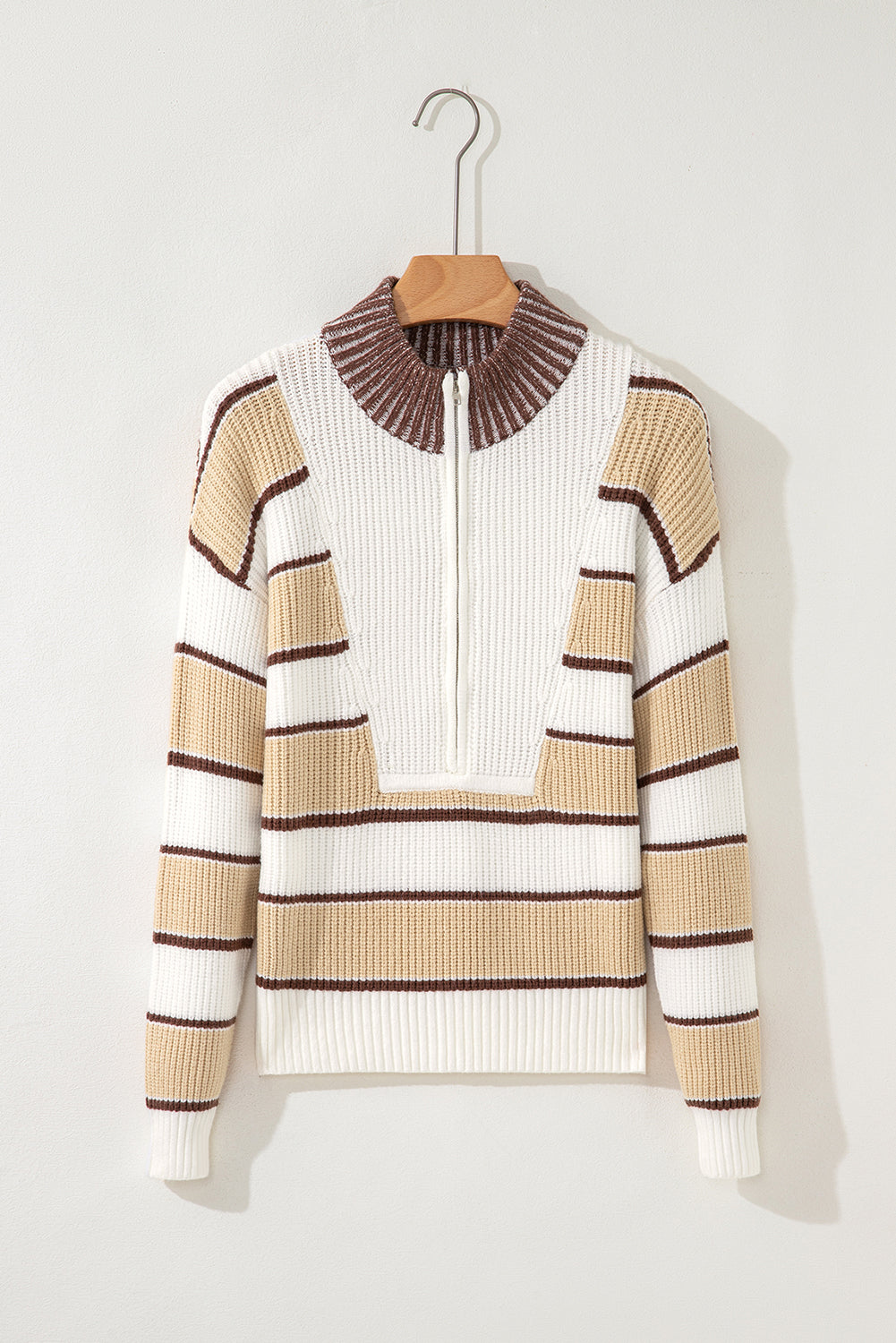 Khaki Stripe Half Zip Drop Shoulder Womens Sweater