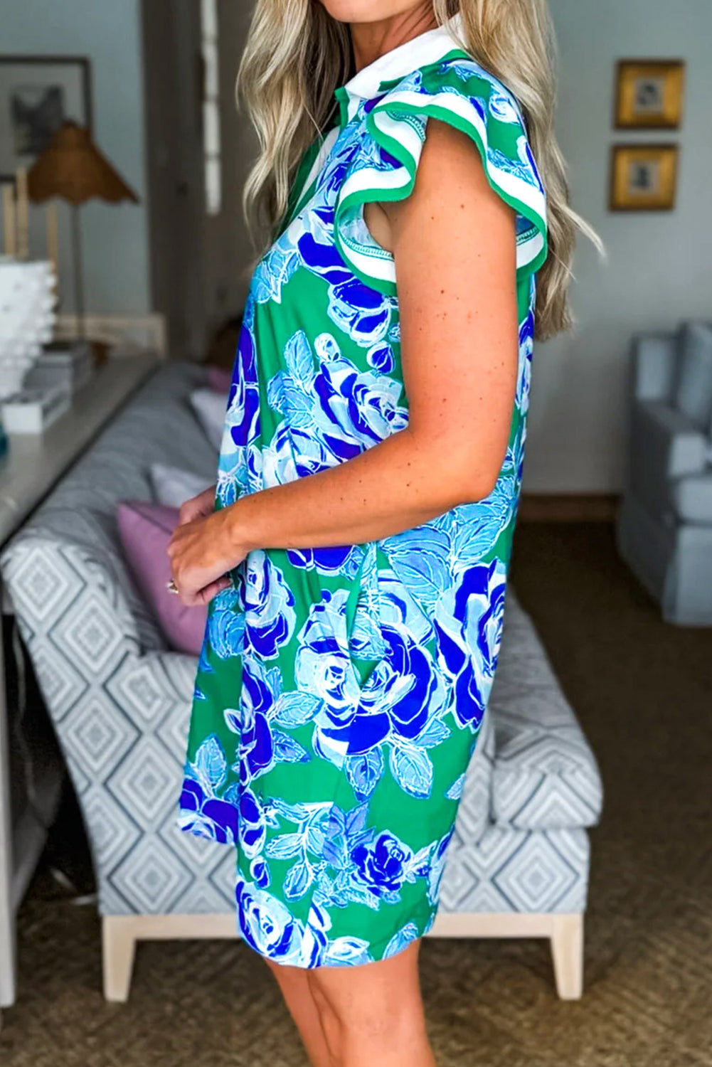 Bright Green Contrast Floral Print Collared V Neckline Ruffled Cap Sleeve Shift Dress with Pockets