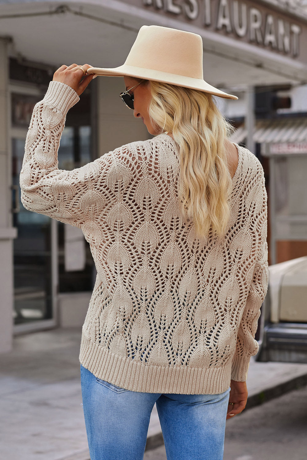 Apricot Crochet Knit Ribbed Hem Hollow-out Sweater