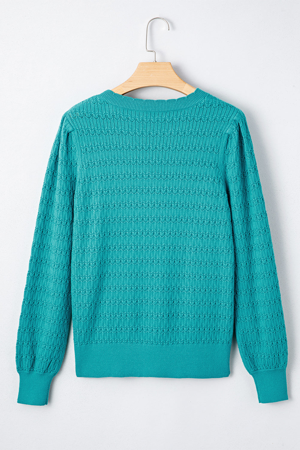 Sea Green Trendy Pattern Knit Ribbed Cuffs Crew Neck Sweater