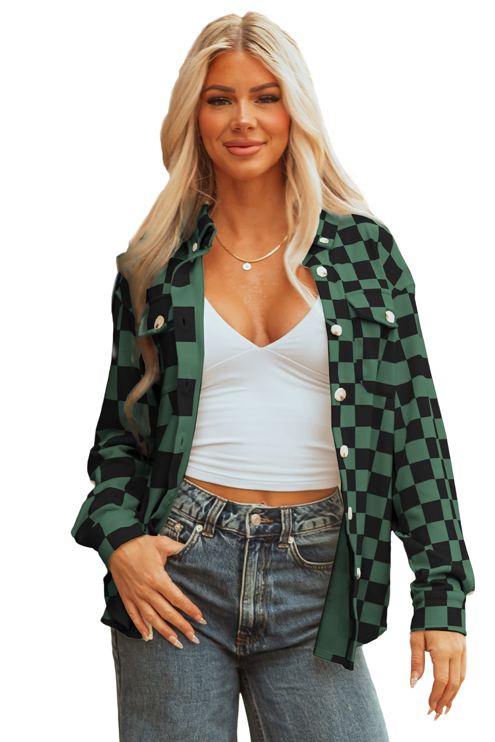 Green Checkerboard Flap Pocket Button Front Shacket
