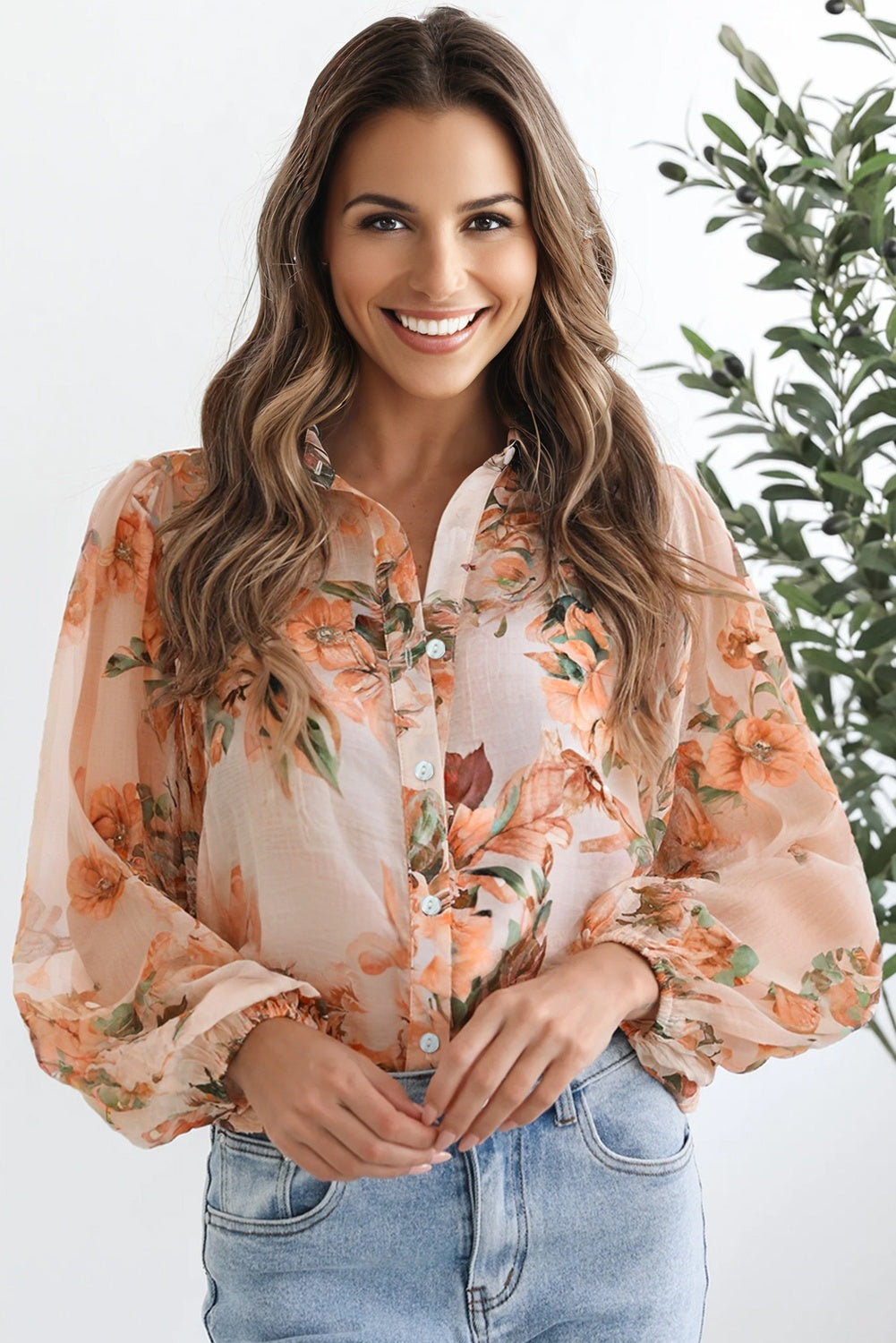 Orange Floral Puff Sleeve Lightweight Shirt