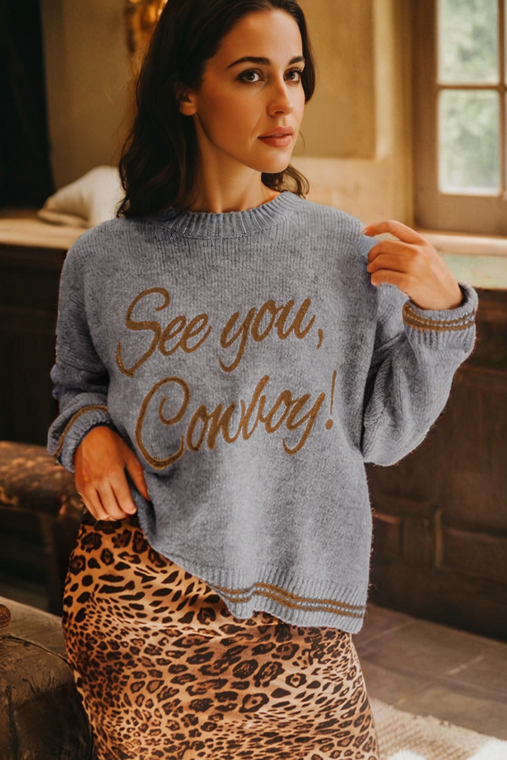 Light Grey See You Cowboy Embroidered Western Graphic Sweater