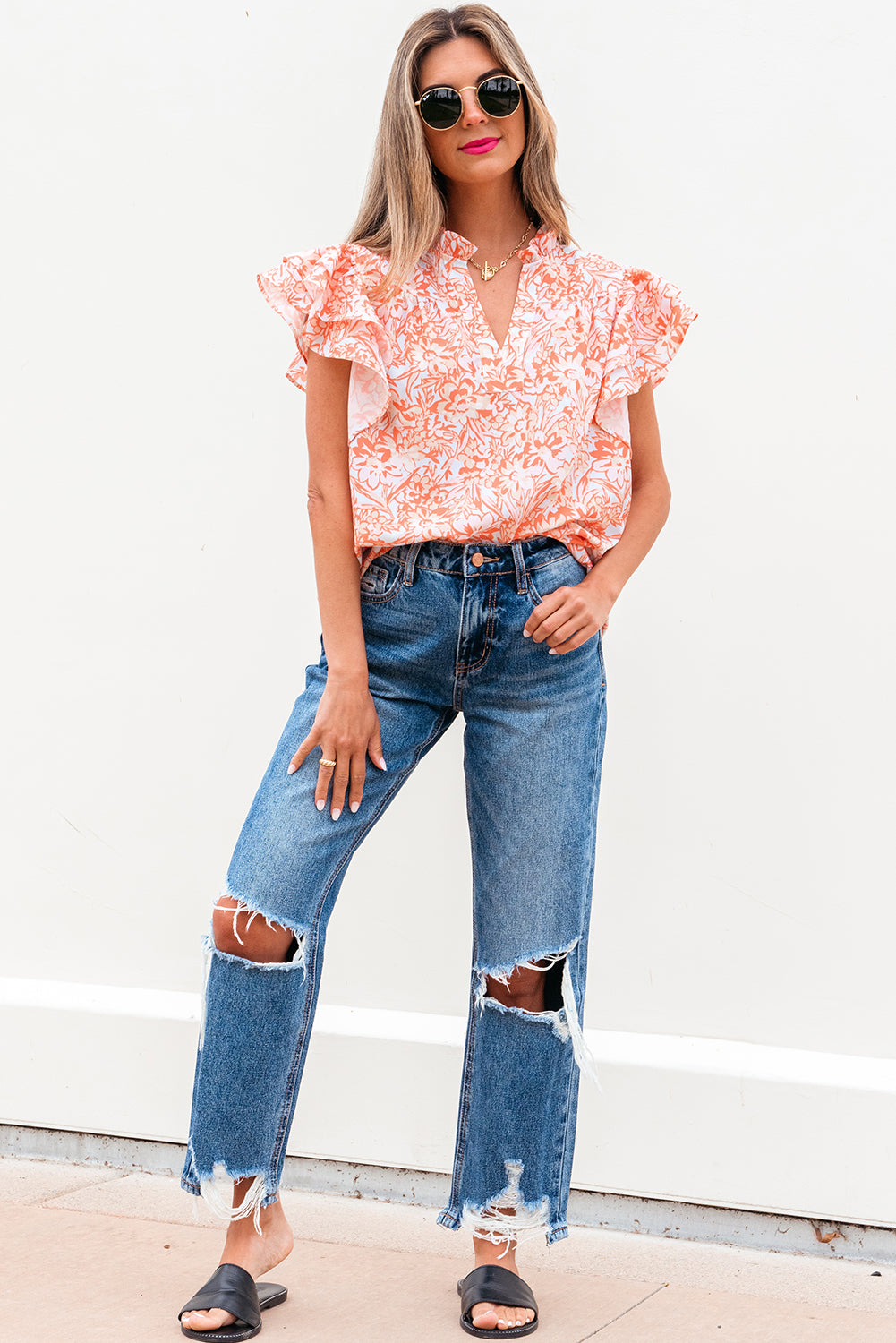 Orange Floral Ruffle Sleeve Split Neck Blouse