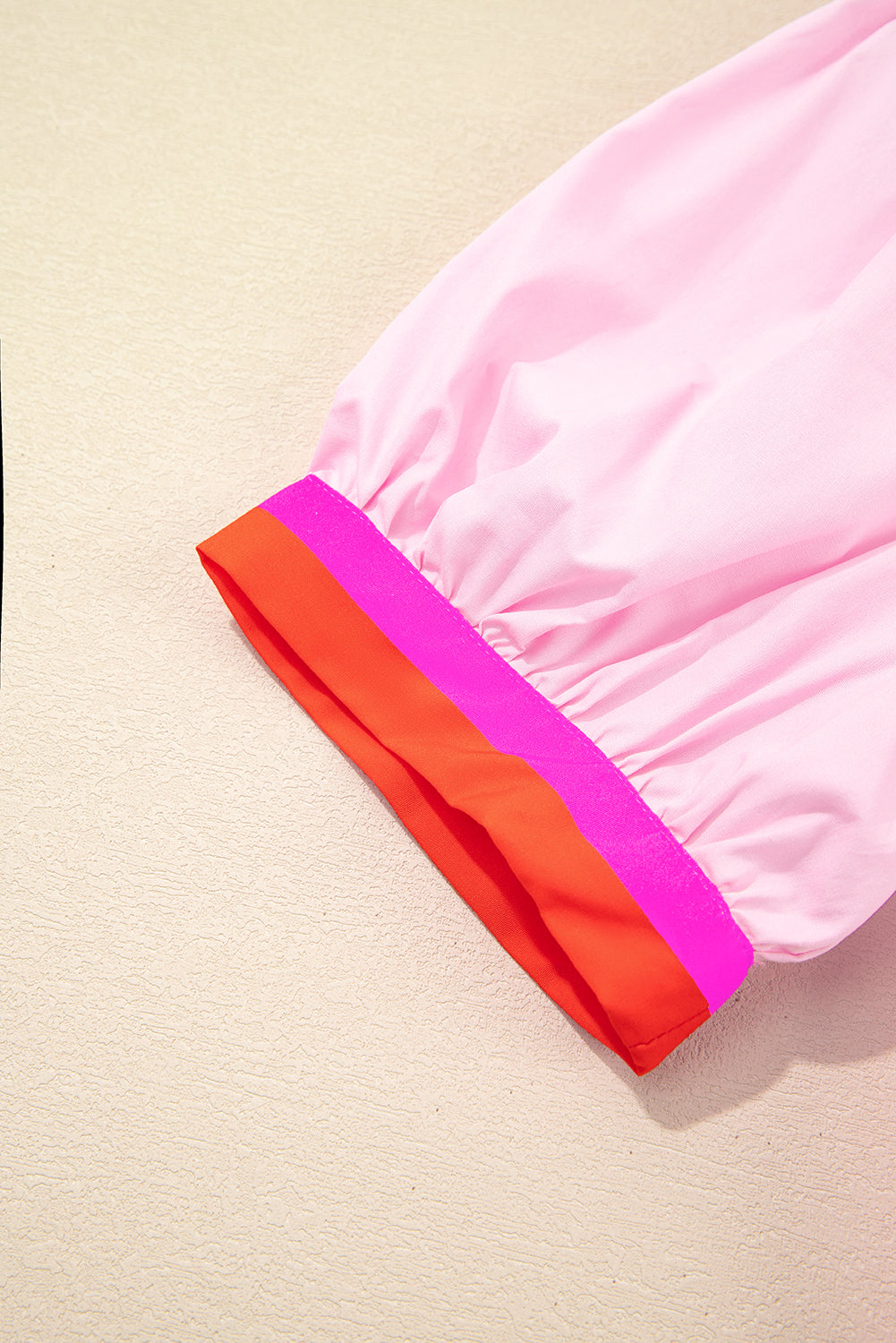 Pink Contrast Striped V Neck Collision Short Puff Sleeve Blouse