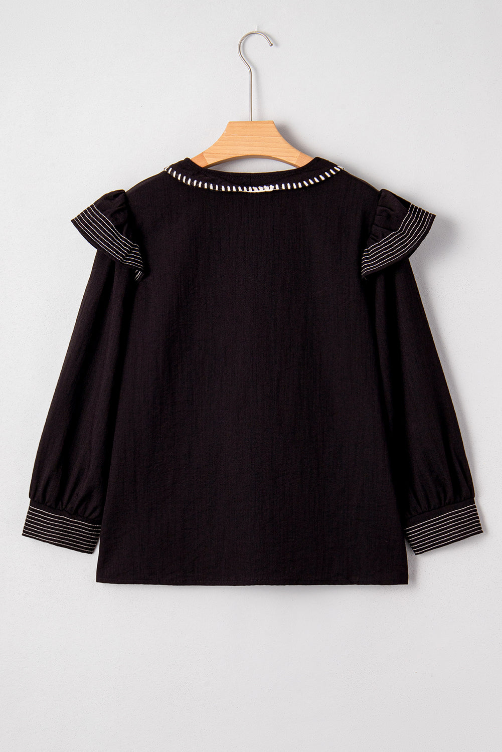 Black Contrast Stitched Detail V Neck Ruffle Long Sleeve Blouse