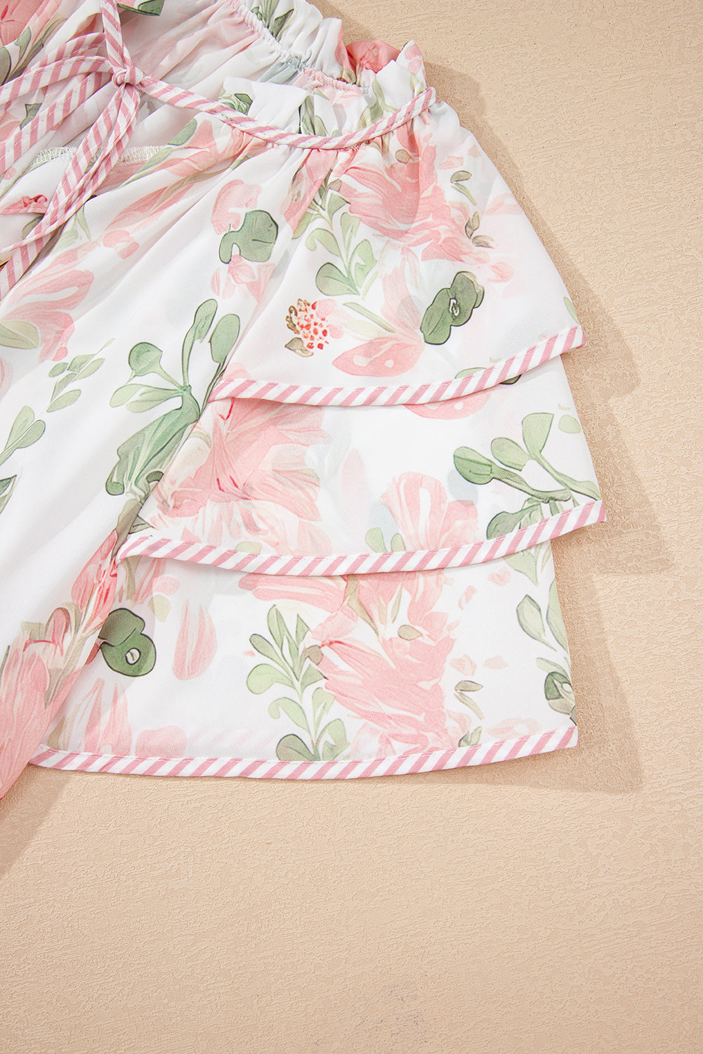 Pink Floral Print Striped Contrast Tiered Ruffled Sleeve V Neck Blouse
