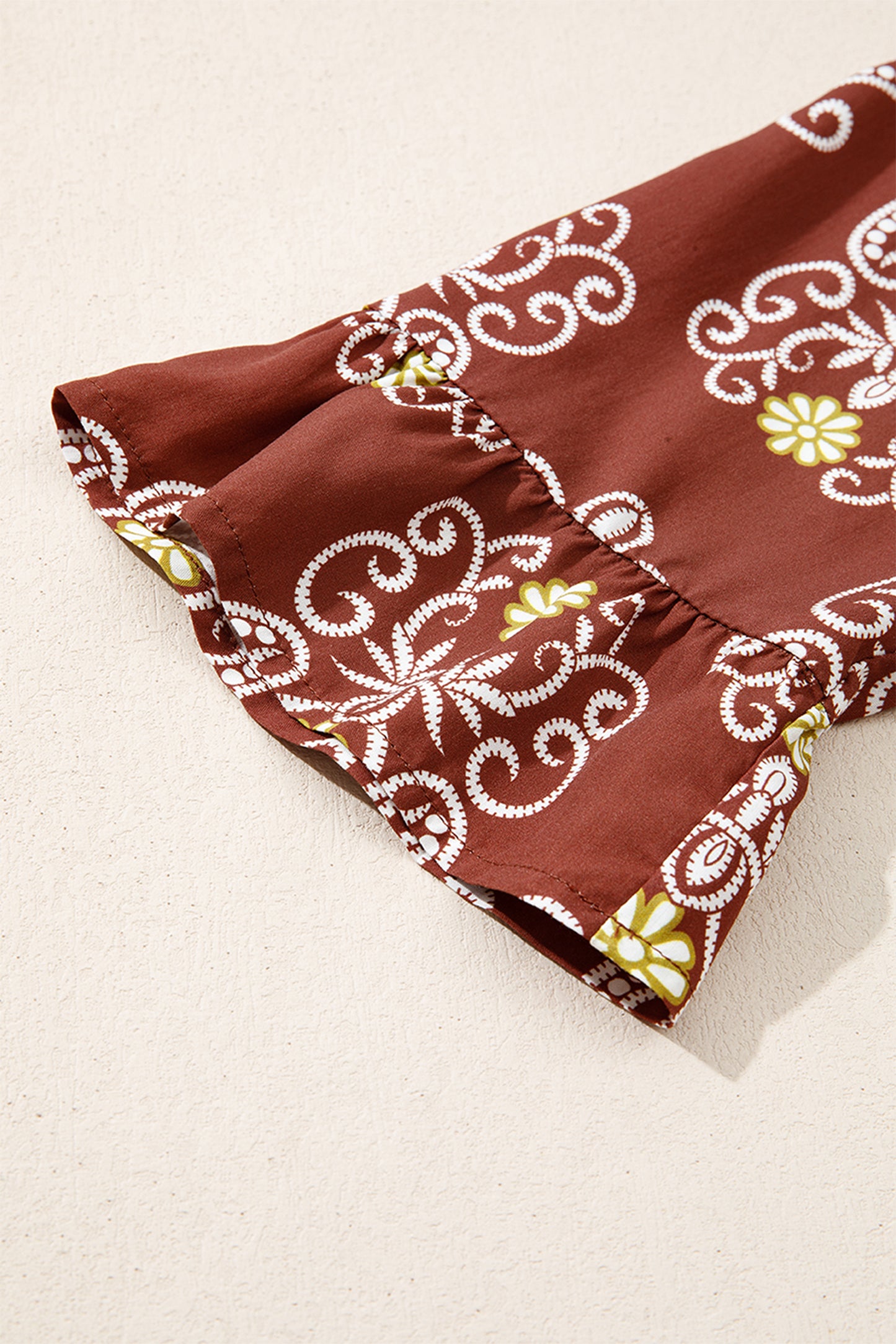 Brown Floral Print Belted Striped Trim Tiered Maxi Dress