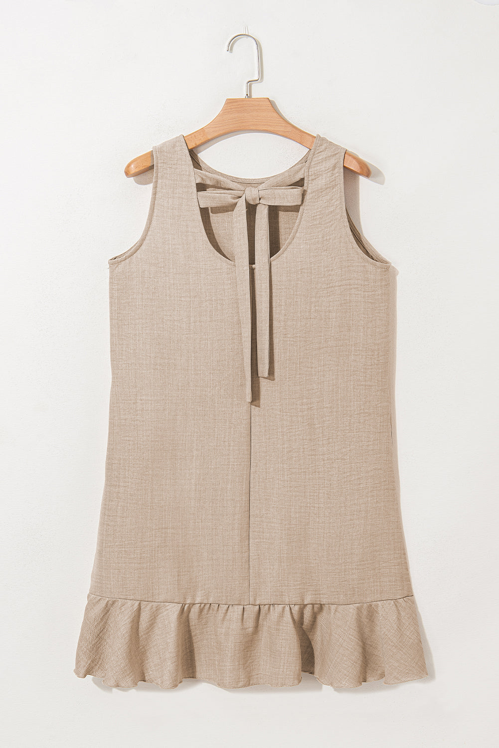 Smoke Gray Knot Scoop Back Ruffle Hem Sleeveless Mini Dress