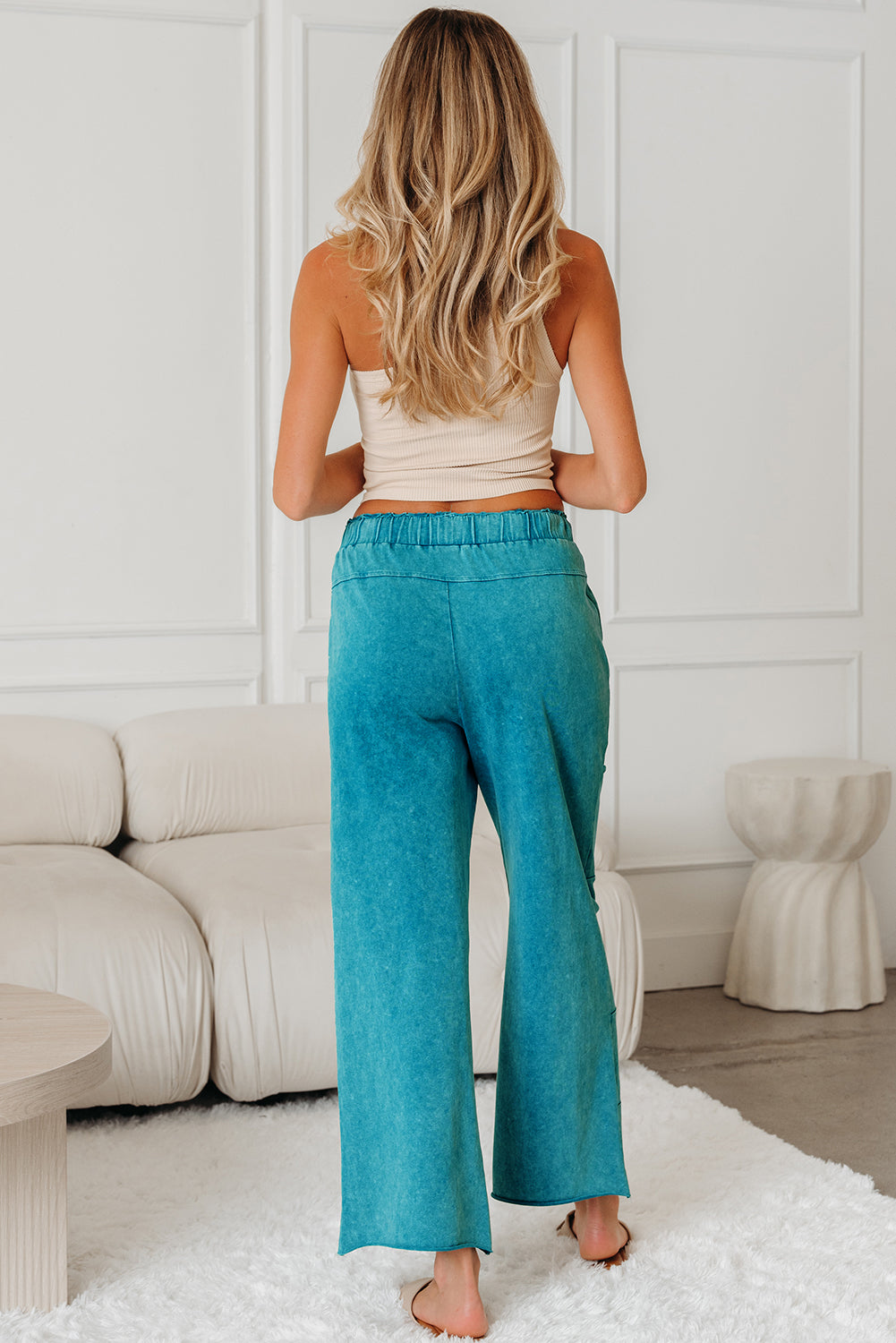 Lapis Mineral Wash Lace-up High Waist Raw Hem Patched Pocket Pants