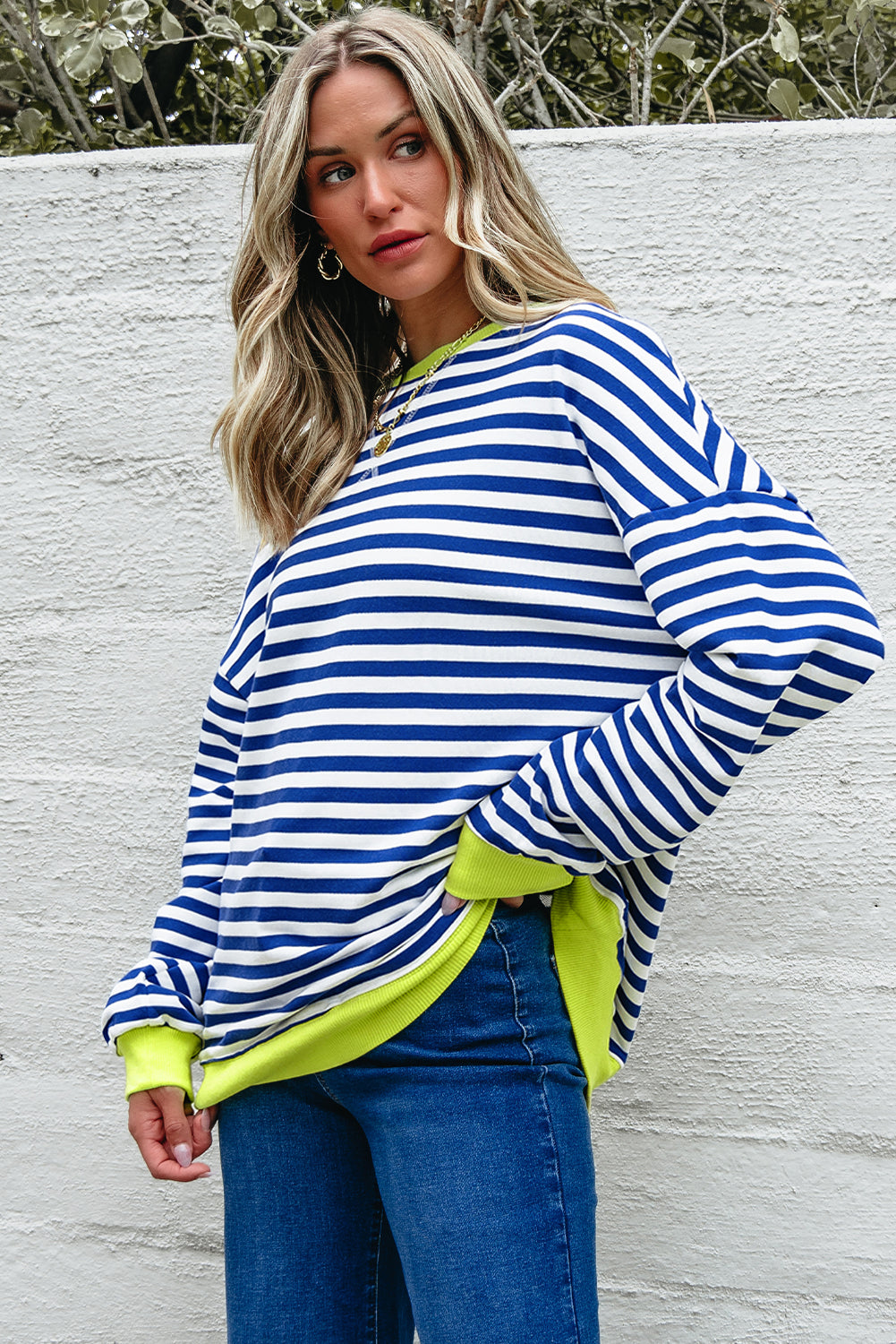 Sky Blue Stripe Striped Contrast Ribbed Trim Crossed Stitch Drop Shoulder Sweatshirt