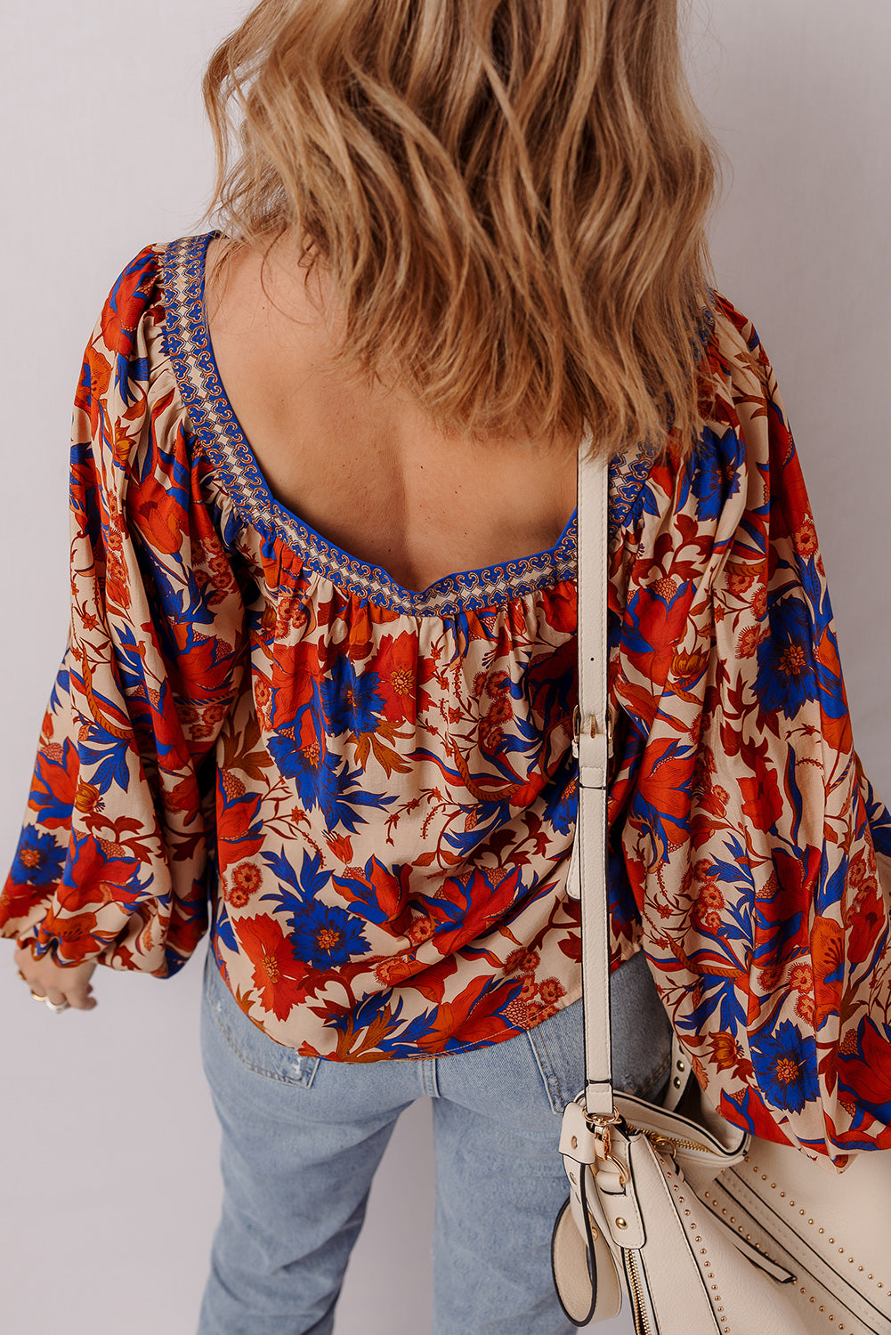 Multicolour Floral Print Square Neck Backless Loose Fit Blouse