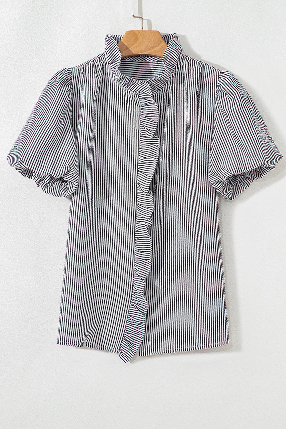 Black Striped Ruffle Short Bubble Sleeve Shirt