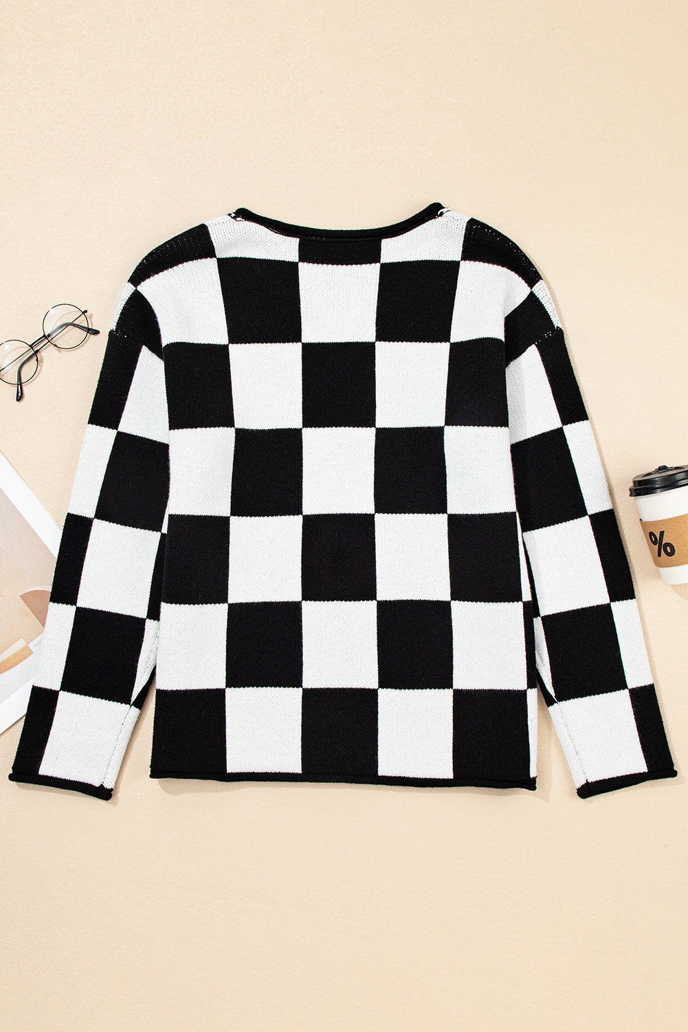 Black Checked Notched Neckline Drop Shoulder Knit Sweater