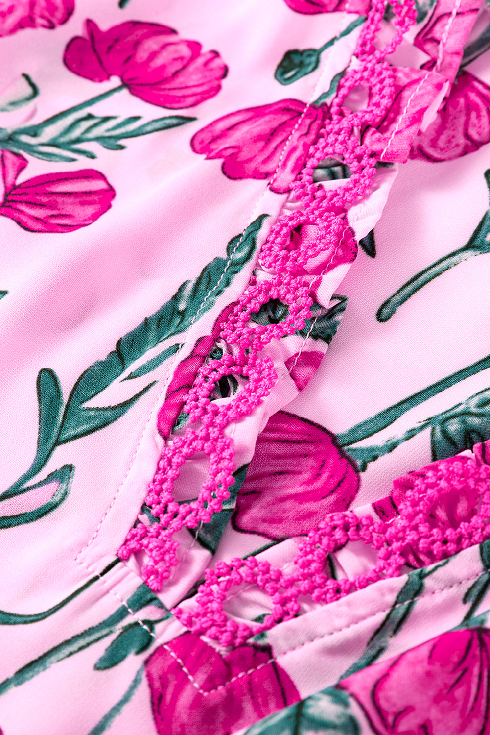 Pink Floral Lace Detail Frilled V Neck Summer Blouse