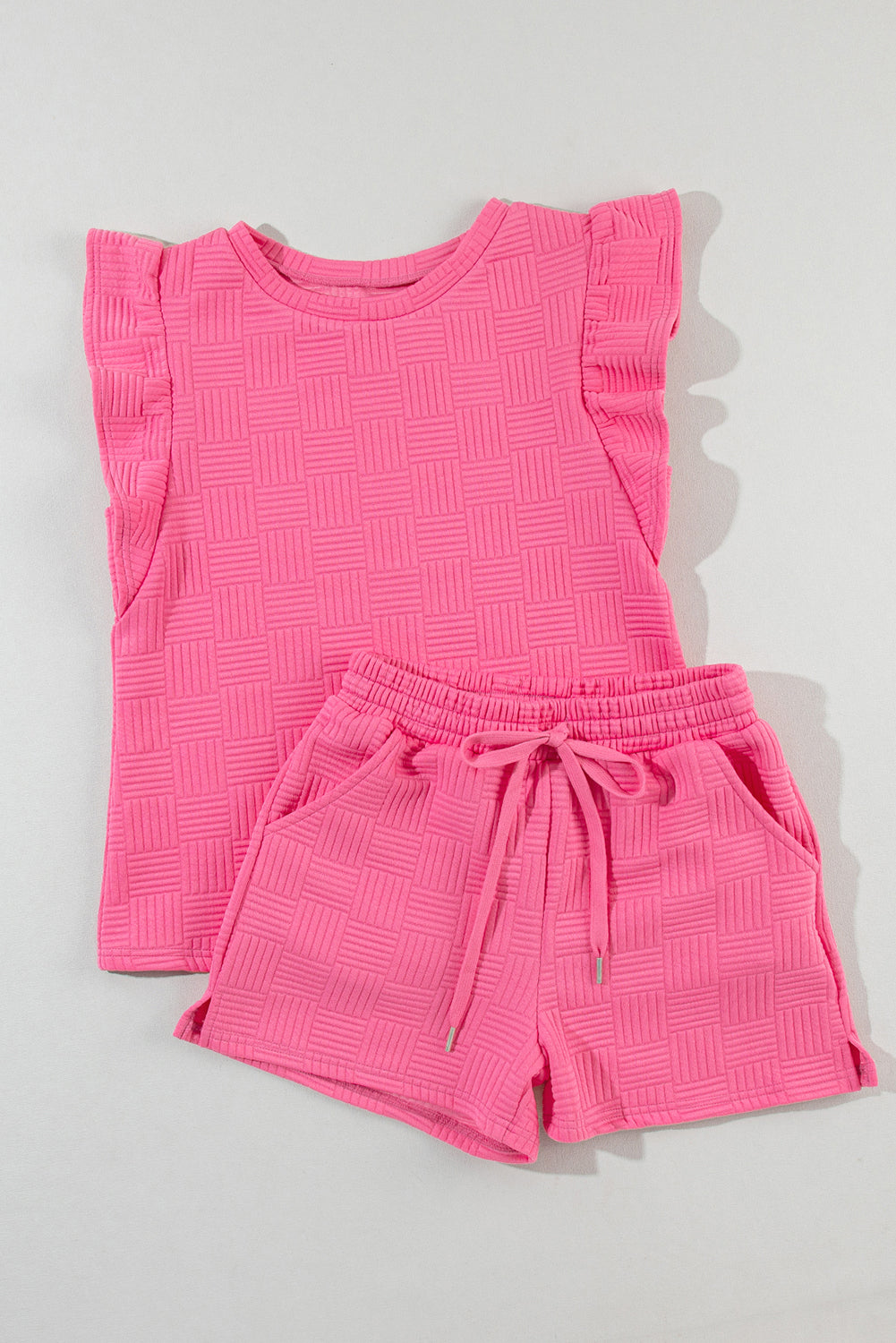 Bonbon Textured Ruffled Sleeve Tee and Drawstring Elastic Waistband Shorts Set