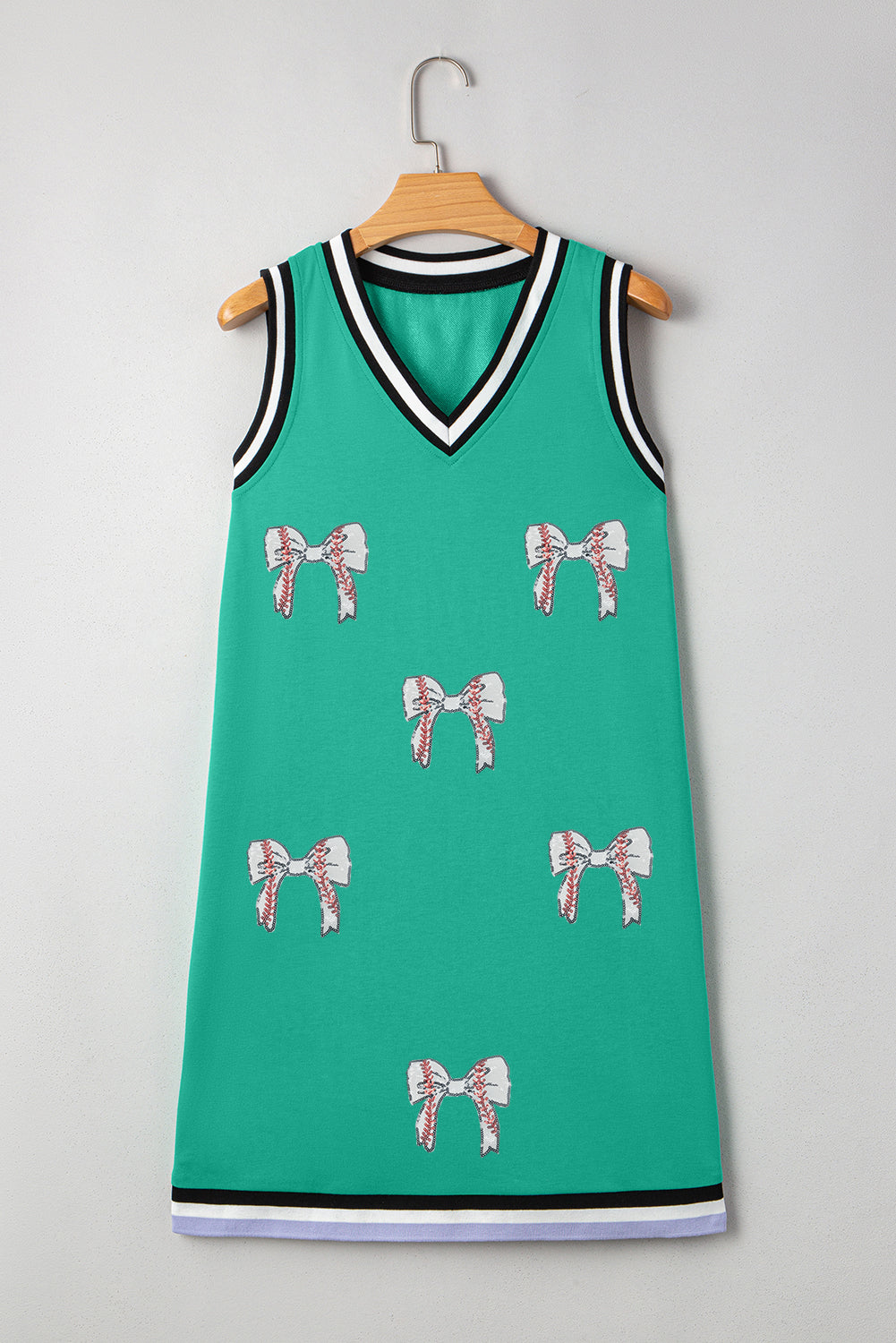 Mint Green Contrast Striped Detail Glitter Baseball Patched V Neck Tank Dress
