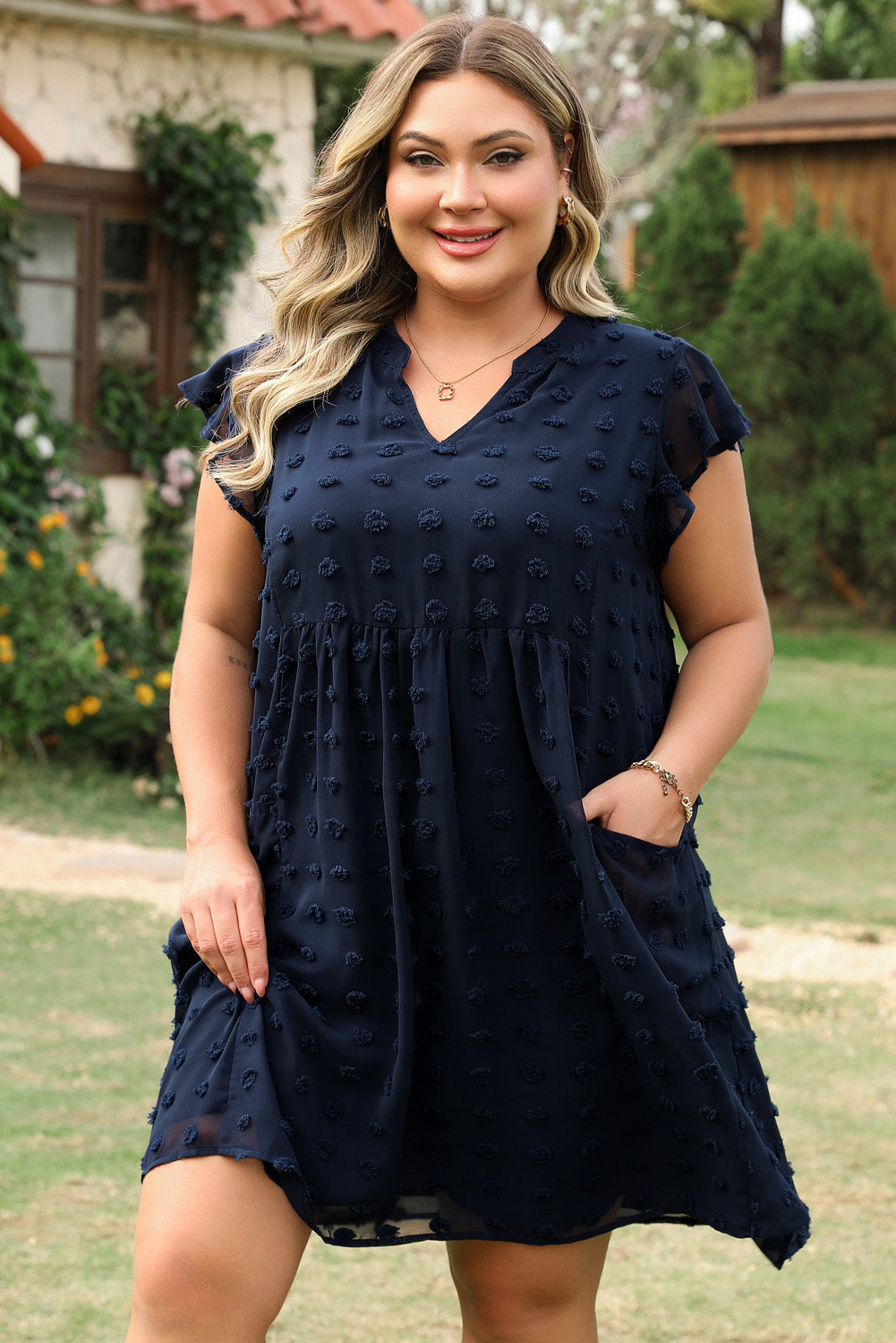 Navy Blue Dotty Textured Notched Neck Plus Ruffled Dress