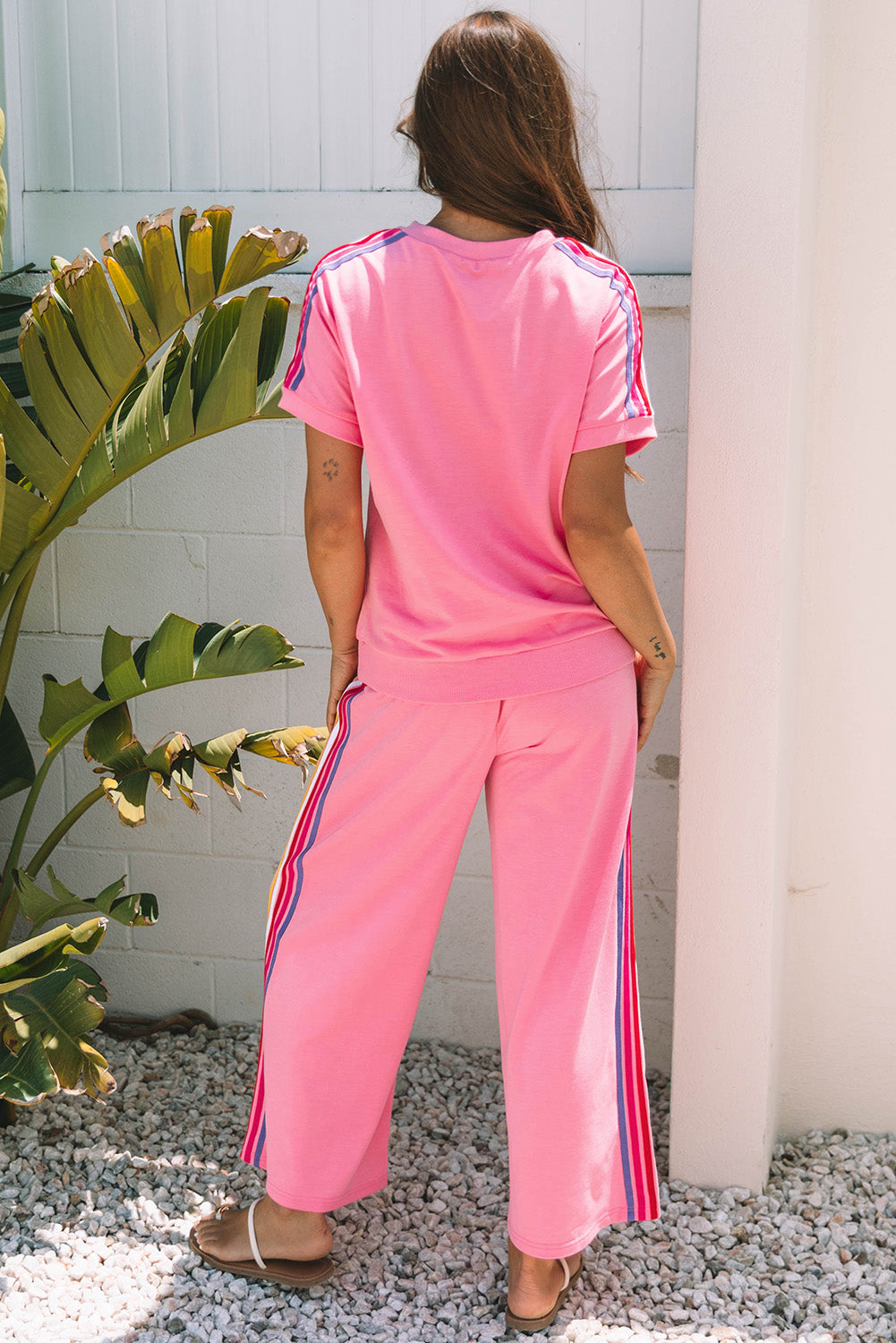 Bonbon Color Contrast Crewneck T Shirt and Wide Leg High Waist Pants Set