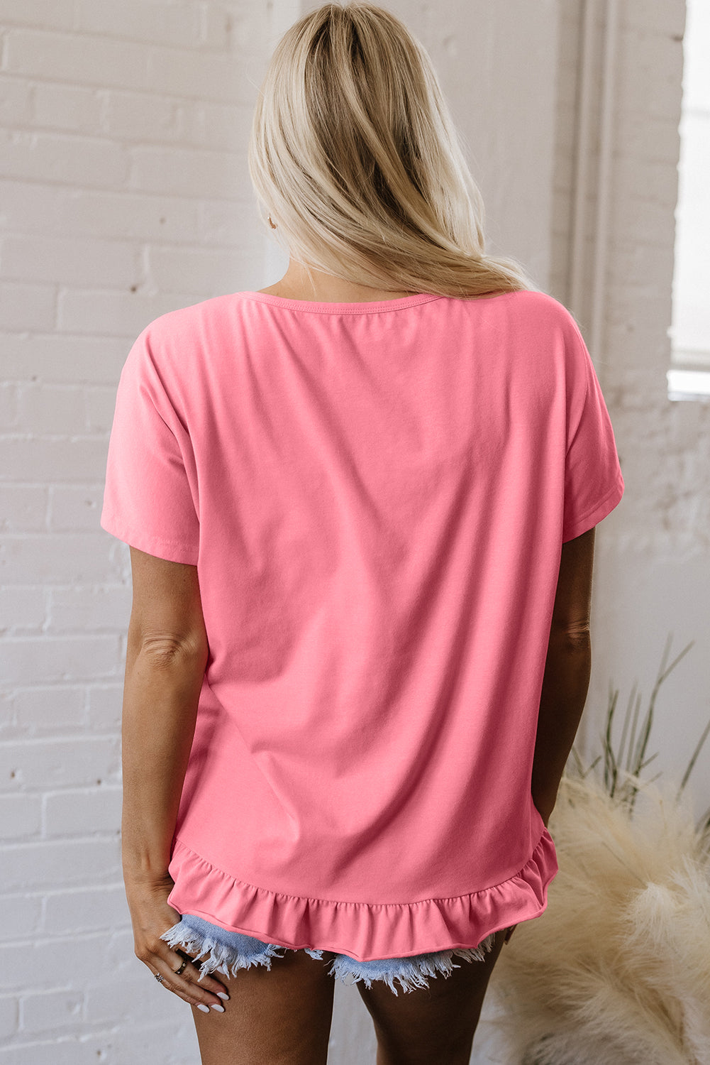Pink Frilled Hem Loose T-Shirt